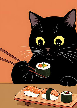 Cat Eating Sushi Japan