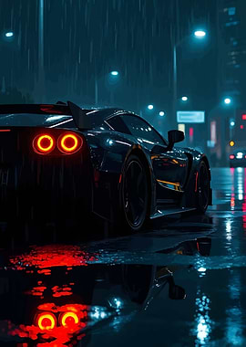 Sleek Car in Rainy Cityscape