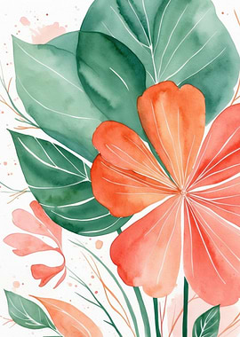 Watercolor Floral Arrangement with Green Leaves