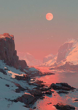 Snowy Mountain Landscape with Red Moon