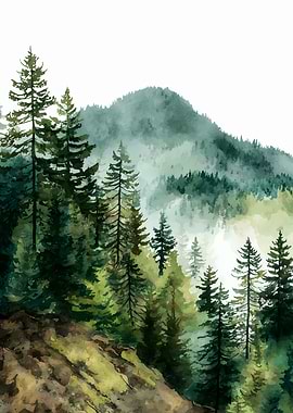 Watercolor Forest Landscape with Mountain
