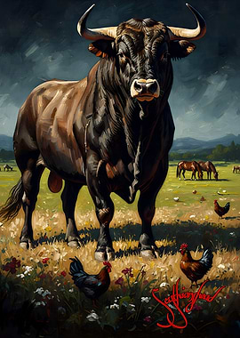 Majestic Bull in a Pastoral Setting