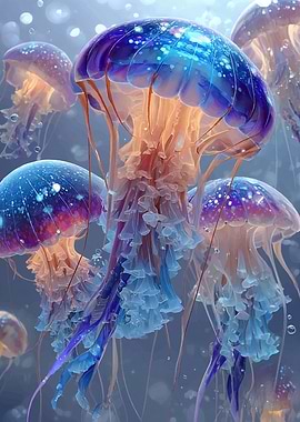 Glowing Jellyfish in Deep Blue Sea