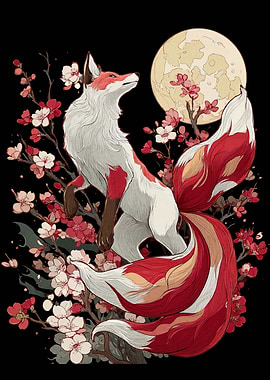 Fox with Cherry Blossoms and Moon