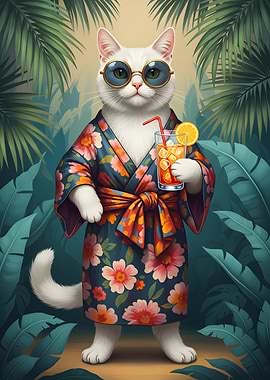 Cool Cat in Kimono with Cocktail