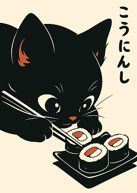 Black Cat with Sushi and Chopsticks