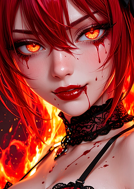 Anime Girl with Red Hair and Blood