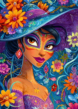 Floral Woman with Hat Digital Art