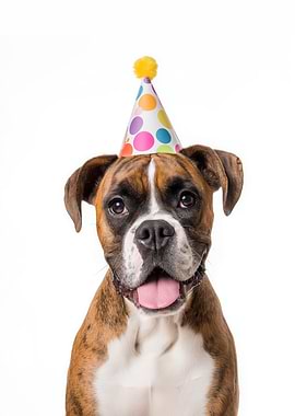 Boxer Dog with Birthday Hat