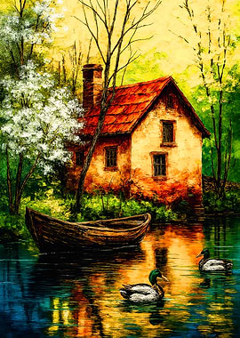 Riverside Cottage with Ducks Painting