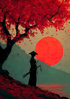 Samurai Silhouette Under Red Maple Tree