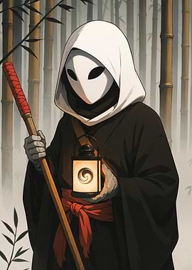 Mysterious hooded figure in bamboo forest