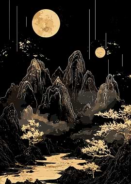 Golden Mountain Landscape with Moon
