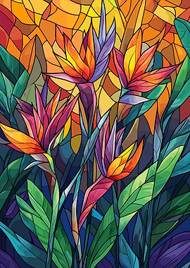 Stained Glass Bird of Paradise Flowers