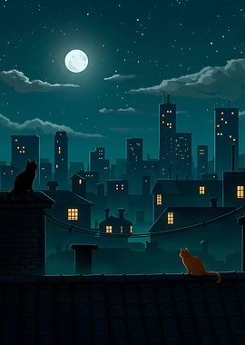 Cats on Rooftops at Night