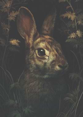 Rabbit Portrait in Dark Foliage