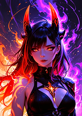Anime Girl with Horns and Fire
