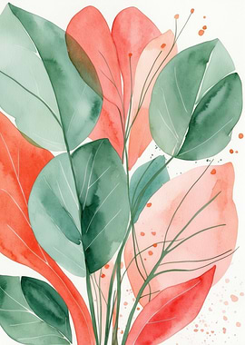 Watercolor Leaves in Green and Coral
