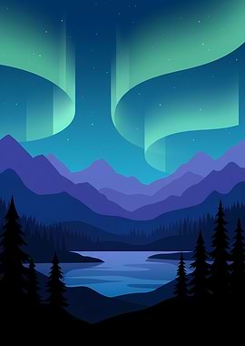 Aurora Borealis over Mountain Lake