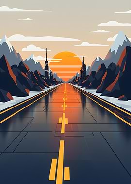 Futuristic Road to City at Sunset