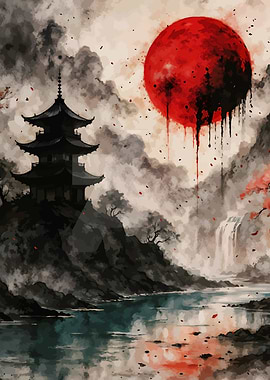 Japanese Pagoda with Red Moon Painting