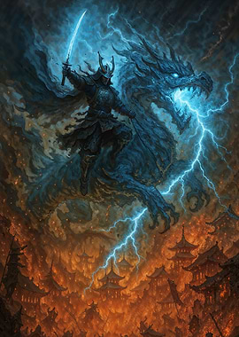 Samurai and Dragon Amidst Lightning Storm