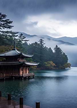 Japanese Temple on Lake in Rain
