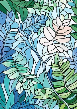 Abstract Leaf Pattern in Blue and Green