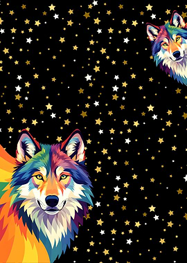 Colorful Wolves in Starry Night