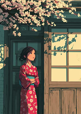 Anime Girl in Kimono with Cherry Blossoms