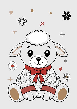 Cute Cartoon Lamb with Red Bow.