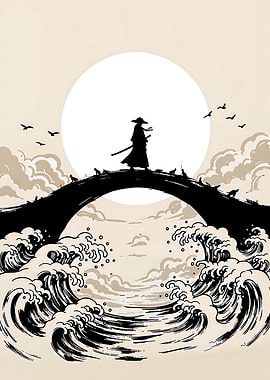 Samurai on Bridge with Moon