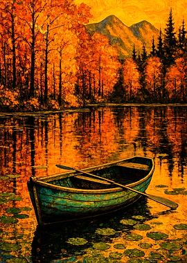 Autumn Lake with Boat Painting