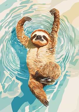 Sloth Swimming in Water Illustration