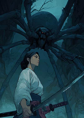 Samurai versus Giant Spider in Dark Forest