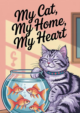 Cat, Fishbowl, and Home Illustration