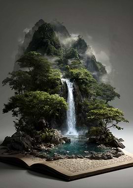 Waterfall Landscape on Open Book