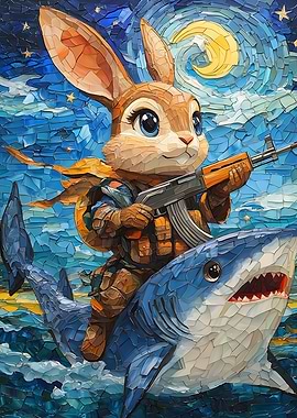 Armed Rabbit Riding Shark in Starry Night