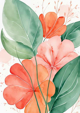 Watercolor Floral Arrangement with Green Leaves