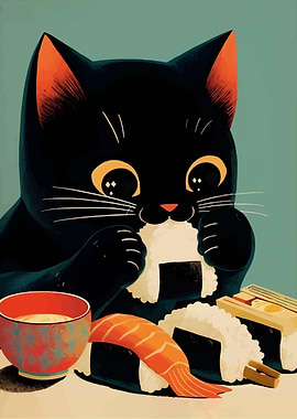 Black Cat Eating Sushi Ramen