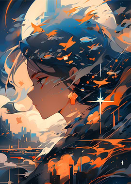 Abstract Woman Profile with Cityscape