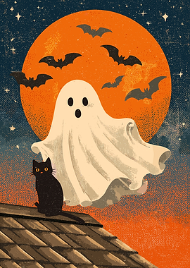 Halloween Ghost, Cat, and Bats Illustration