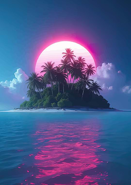 Tropical Island with Pink Sun