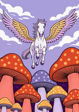 Pegasus Flying Over Mushroom Forest