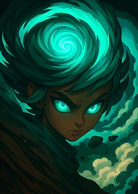 Intense Gaze with Swirling Hair