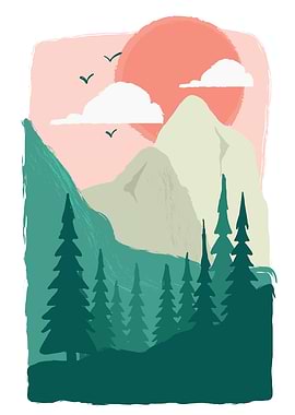 Minimalist Mountain Landscape with Forest and Sun