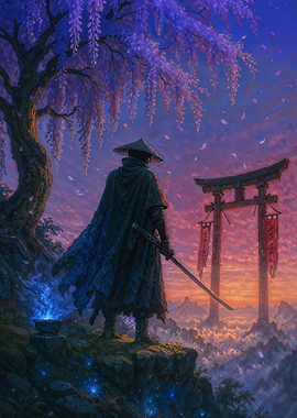 Samurai at Torii Gate with Sword
