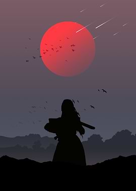 Silhouette of Warrior with Red Sun Red Dead