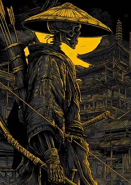 Samurai Skeleton Archer with Asian Architecture