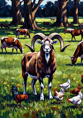 Pastoral Scene with Ram, Cows, and Chickens